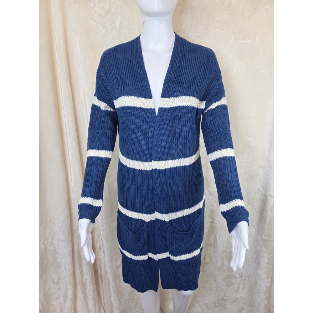 Jun & Ivy Francescas Blue White Striped Long Cardigan Sweater Small